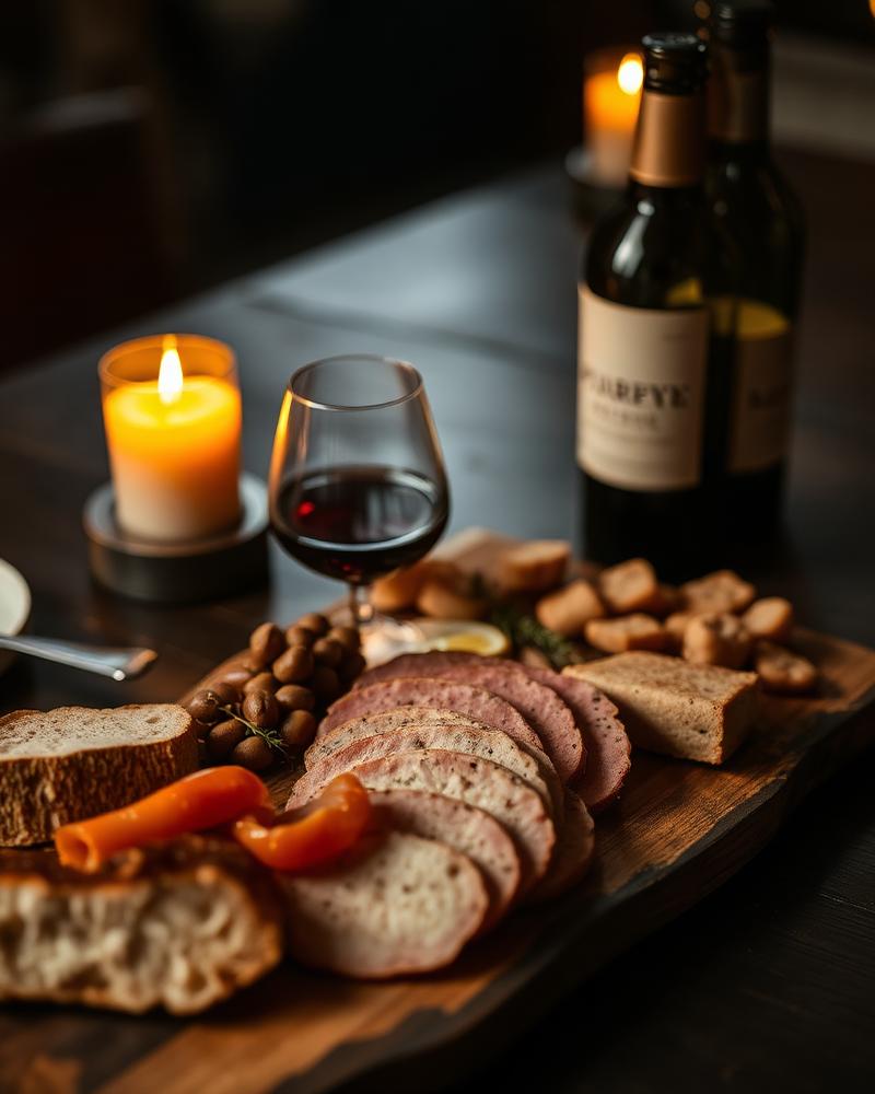 Charcuterie mit Rotwein bei Kerzenlicht
